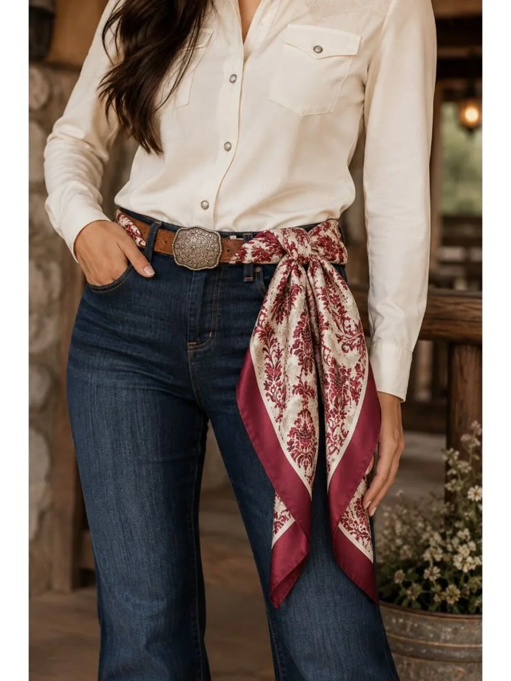 Burgundy Cream Damask Wild Rag Scarf 35x35 Satin Polyester Western